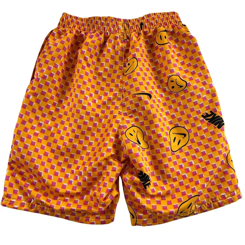 Nike Kids Large Orange Pink Checkered Smiley Face Swim Hyrbid Trunks Shorts Flaw